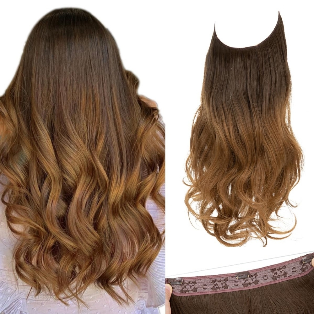 16"‎ Ombre Brown to Golden Invisible Wire Hair Extensions • Wavy Synthetic